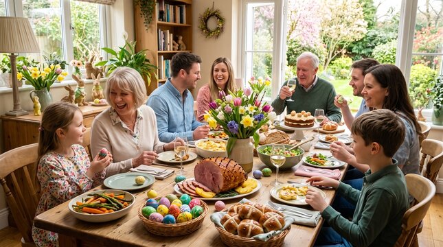 Family and relatives gather around a long wooden dining table decorated with flowers and food to celebrate Easter Sunday together.