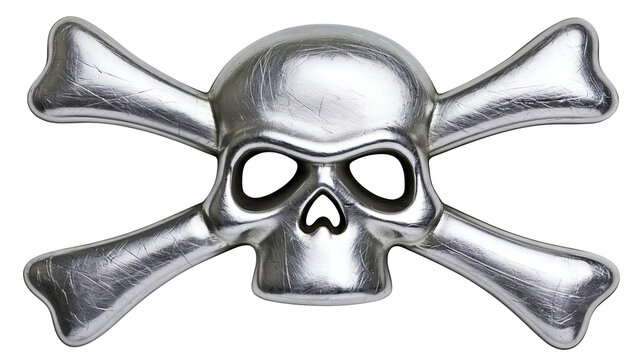 Isolated shiny silver skull and crossbones symbol with scratches, danger pirate emblem