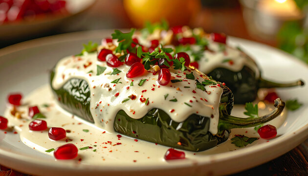 Chiles en Nogada, stuffed poblano pepper in creamy white walnut sauce, red pomegranate seeds and fresh parsley, elegant Mexican cafe setting, appetizing food. Close-up.