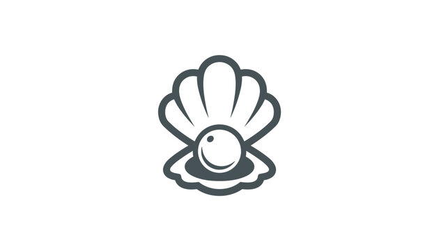 Elegant dark grey outline icon of an open clam shell revealing a perfectly round pearl inside representing luxury and ocean beauty.