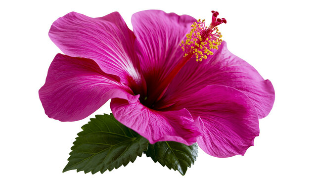 Isolated fuchsia hibiscus flower with green leaves, tropical bloom, vibrant petals and stamens.