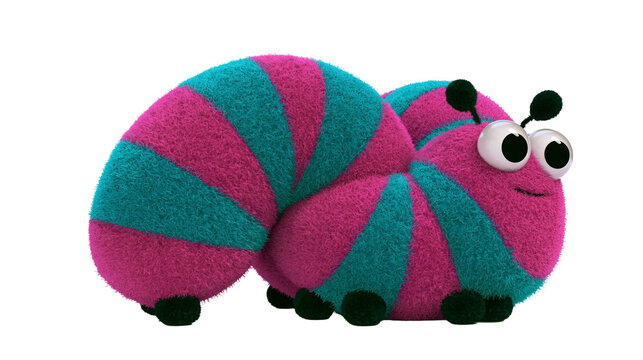 Isolated adorable plush magenta and teal striped worm character with funny googly eyes