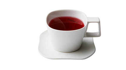 Isolated white ceramic cup with vibrant red herbal tea on a textured saucer, perfect hot drink.