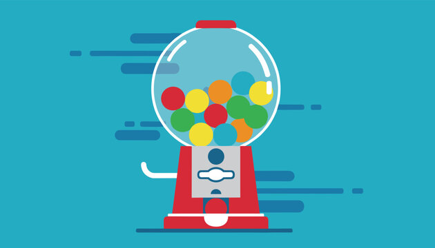 Retro red gumball machine filled with various colorful candy spheres set against a vibrant blue background with stylized motion lines.