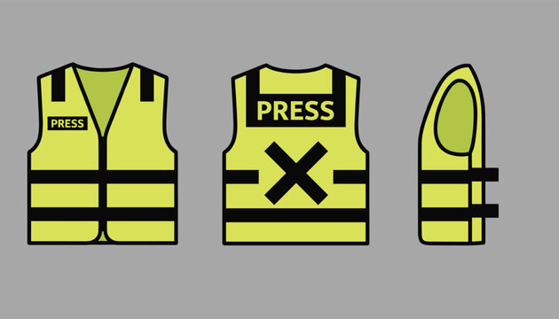 Technical drawing showing three views of a bright yellow high visibility safety vest with black straps and the word PRESS on the chest and back.