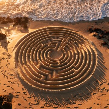 Intricate circular labyrinth maze sculpted in golden sands on a beach with ocean waves gently approaching during sunset light