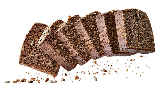 Isolated dynamic composition of dark rye bread slices with sunflower seeds, healthy artisan bakery