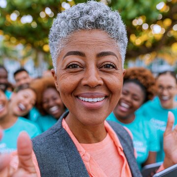 Sunlit park with smiling woman and cheerful group behind her. Her gray curls gleam in warm daylight. She gives a bright thumbs-up, radiating joy. Group behind her laughs and smiles