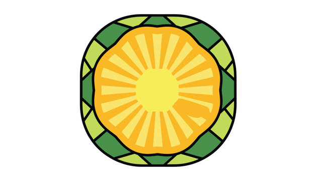 Stylized illustration of a pineapple slice showing the yellow core and green textured skin in a circular frame with a white background.