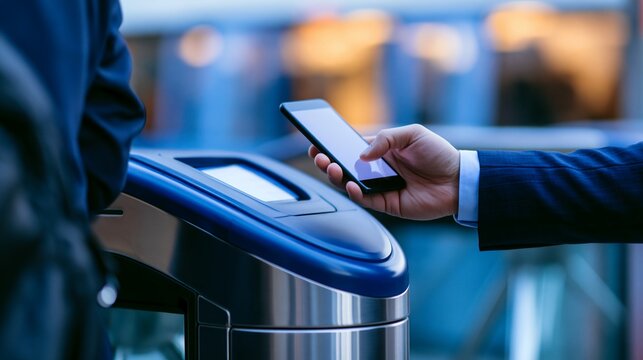 Person in business suit pays for transit access using a smartphone on an nfc reader at a busy train station during the morning commute to work in the city center.