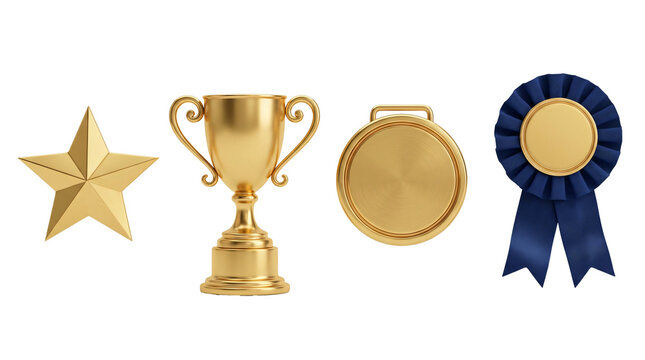 Shiny golden trophy cup with star medal and circular badge award icons on transparent background