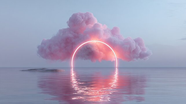 Abstract background with pink neon circle with cloud over water.