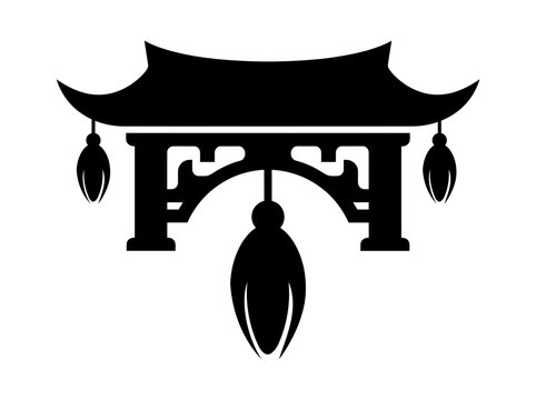 Black traditional japanese lantern hanging on wooden structure