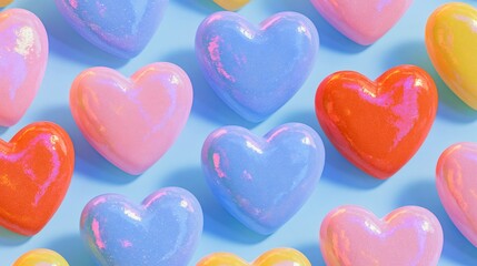 Obraz premium Glossy pastel hearts in pink, blue, yellow, and orange colors are arranged neatly across a soft light blue surface to create a charming and trendy pattern for a romantic celebration.