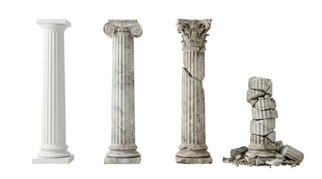 Classical marble architecture columns showcasing various structural styles and eroded stone textures isolated on transparent background
