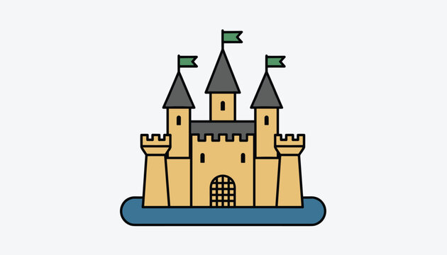 Classic medieval castle with stone towers, gray roofs, green flags, and a wooden gate surrounded by blue water.