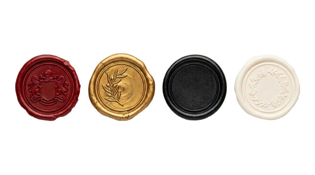 Four circular decorative wax seals featuring embossed crests and botanical patterns shown on transparent background