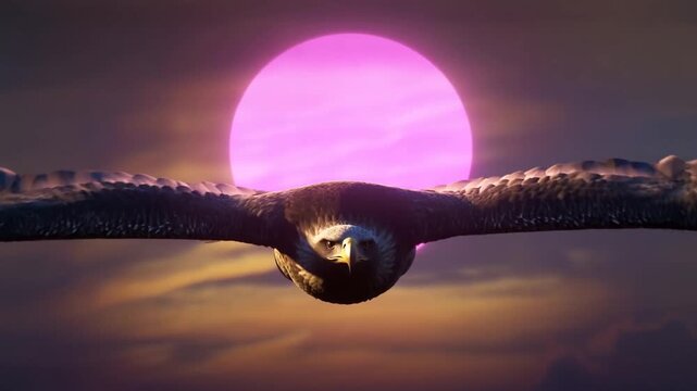 Eagle in Flight Against Pink Sunset Sky with Outstretched Wings and Clouds