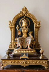 Obraz premium Buddhism and spirituality, golden Tara statue with ornate throne and traditional religious altar for meditation and mindfulness practice in a temple