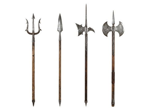 Ancient medieval polearms including trident spear halberd and battle axe displayed on transparent background