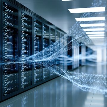 Futuristic data flow visualization representing high-speed information transfer inside a modern server room with illuminated racks and advanced technology infra