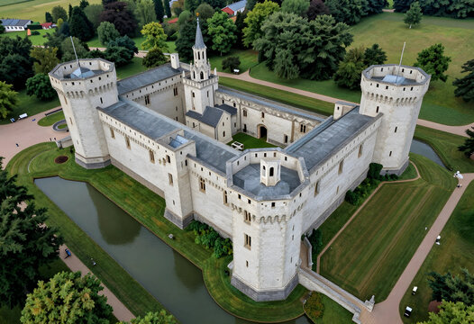 Heritage tourism and historical preservation, aerial view of a medieval castle with stone towers and a moat surrounded by lush green parkland gardens