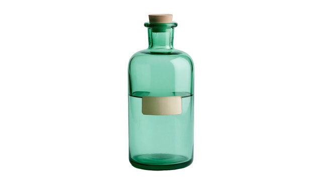Isolated elegant green glass bottle with cork stopper, half filled with liquid and blank label