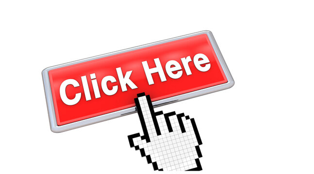 click here button, click here, click button, red button, web button, mouse cursor, hand cursor, pointer, computer button, clickable button, png on transparent cutout