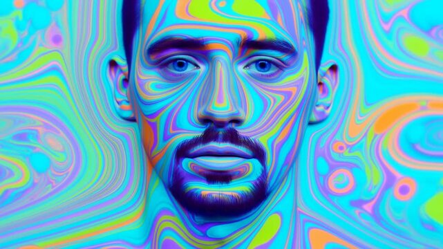 Colorful abstract portrait of bearded man surrounded by flowing neon patterns