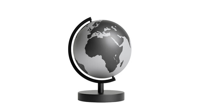 Isolated grayscale desk globe on a black stand representing global connection and geographical study.