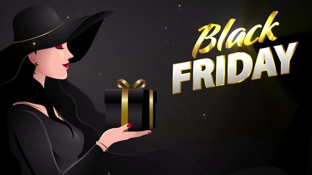 Elegant Black Friday promotional motion graphic of a fashionable woman presenting a luxury black gift box with gold ribbon against a dark background.
