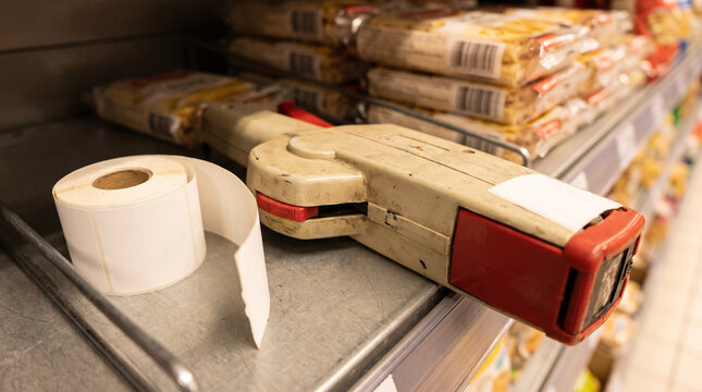 Worn price tag gun and label roll on a supermarket shelf