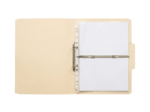 Open beige office folder containing white paper pages secured with metal clasps on transparent background