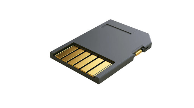 Isolated sleek grey flash memory card with golden contacts for digital data storage and transfer.