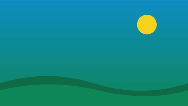 Minimalist flat landscape animation with sun and rolling green hills 4k motion sun