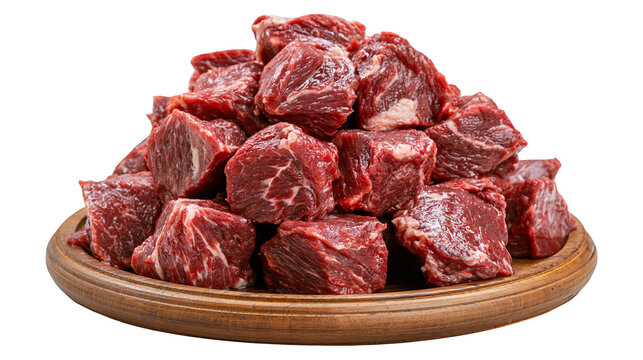 Isolated pile of fresh raw beef cubes on a wooden cutting board, ideal for preparing delicious stews.