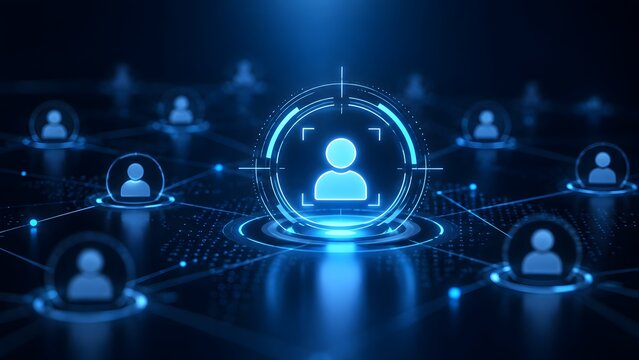 Digital human resources and social network connection concept with glowing user profile icon on blue tech background.