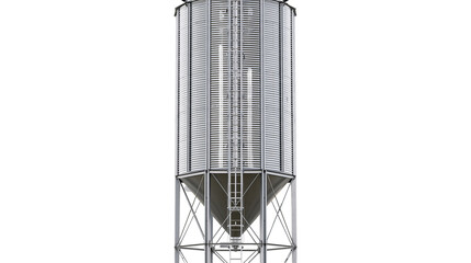 Isolated metal grain storage silo with conical bottom, steel support structure, and ladder © Conor