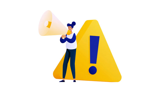 Isolated person communicating important message using megaphone and large warning sign
