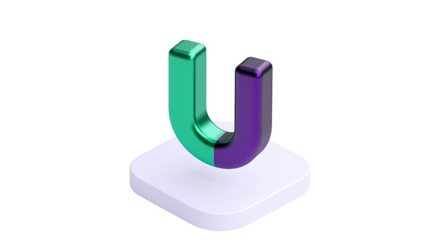 Isolated 3D U letter icon with green and purple split vibrant colors on a geometric platform