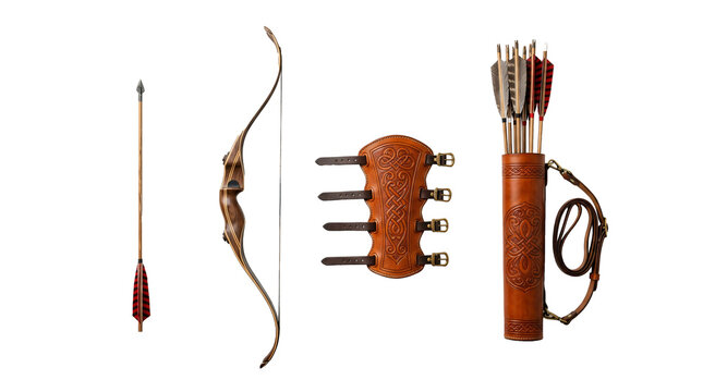 Traditional wooden archery bow with arrows leather quiver and protective arm guard on transparent background