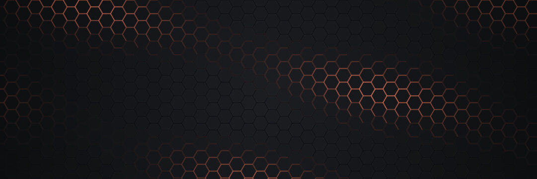 Dark hexagonal honeycomb pattern with glowing copper and bronze light accents, abstract geometric grid background, with metallic edge illumination