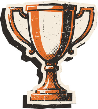 Vintage trophy cup sticker illustration. Features distressed texture, retro orange tones, and bold outline. Old school sports award graphic for victory, success, and achievement concepts.