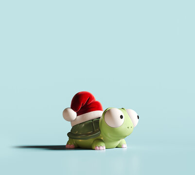 Christmas is coming. Cute turtle wearing Santa's hat on blue background with copy space. 3D Rendering, 3D Illustration