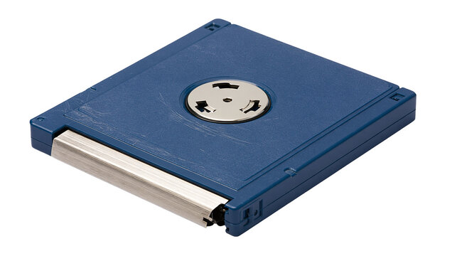 Isolated compact blue minidisc data storage cartridge, retro digital technology media