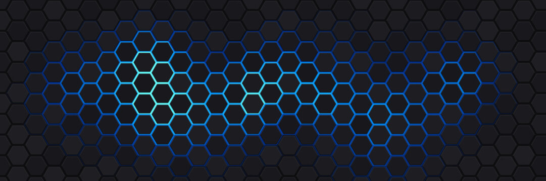 Dark hexagonal grid pattern with 3D extruded tiles, illuminated by a glowing blue light effect emanating from behind the honeycomb structure