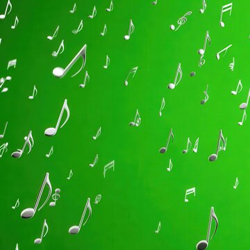 Silver musical notes falling against a vibrant green background with soft lighting and a shallow depth of field