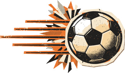 Soccer ball vintage vector badge illustration. Features distressed football graphic with dynamic motion lines and abstract shapes. Retro sports emblem for championship and team design. © Sana Nadeem 63