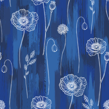 Seamless pattern with abstract wildflowers on blue background. Creative texture for fabric, wrapping, print,textile, wallpaper, apparel. Vector illustration