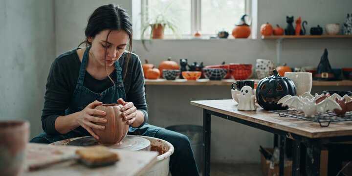Young woman crafting a clay pumpkin on a pottery wheel in a halloweenthemed studio, halloween theme, halloween celebration